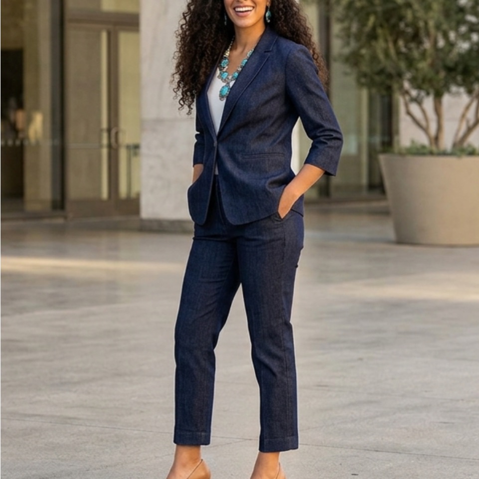 Nwt Key Lime Pie 2-Piece Denim Blazer Ankle Flood Pant Set Size Medium Blue